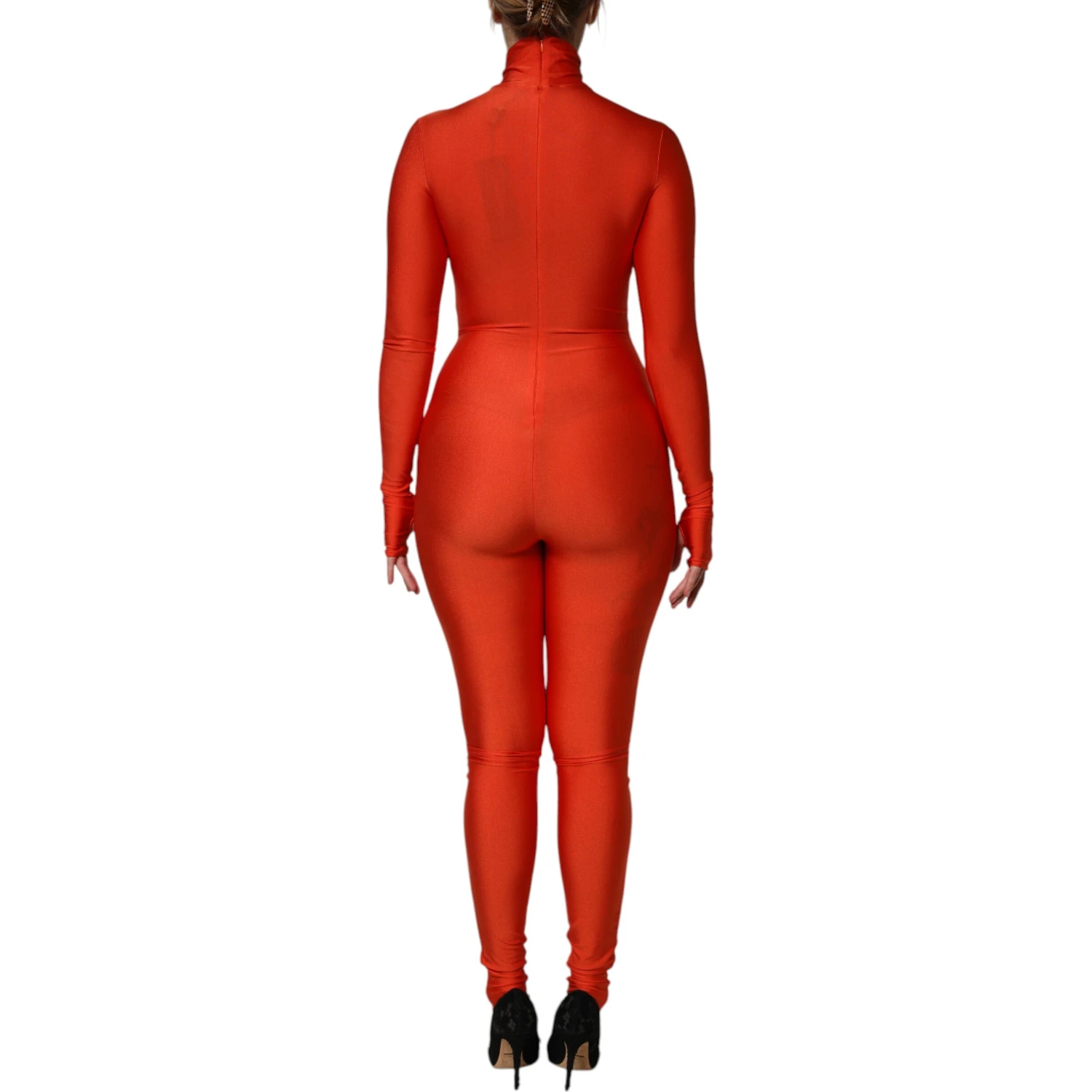 Red Nylon Turtleneck Bodycon Jumpsuit Dress