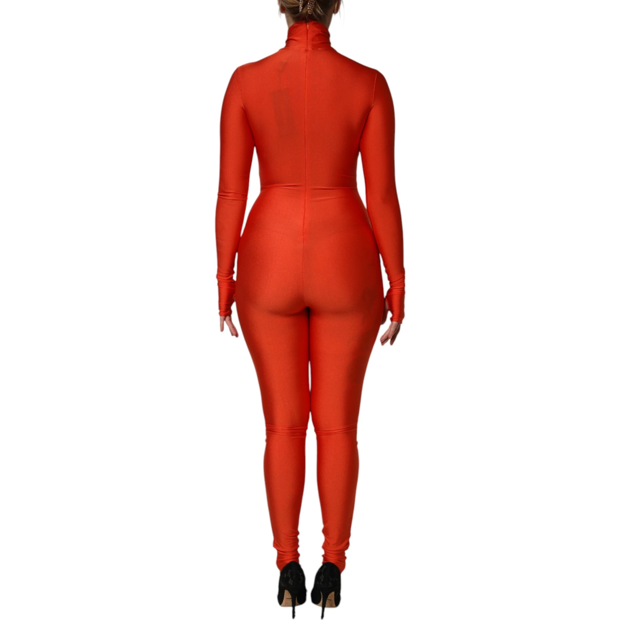 Red Nylon Turtleneck Bodycon Jumpsuit Dress