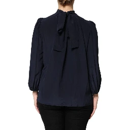 Blue Silk Mock Neck Long Sleeves Blouse Top