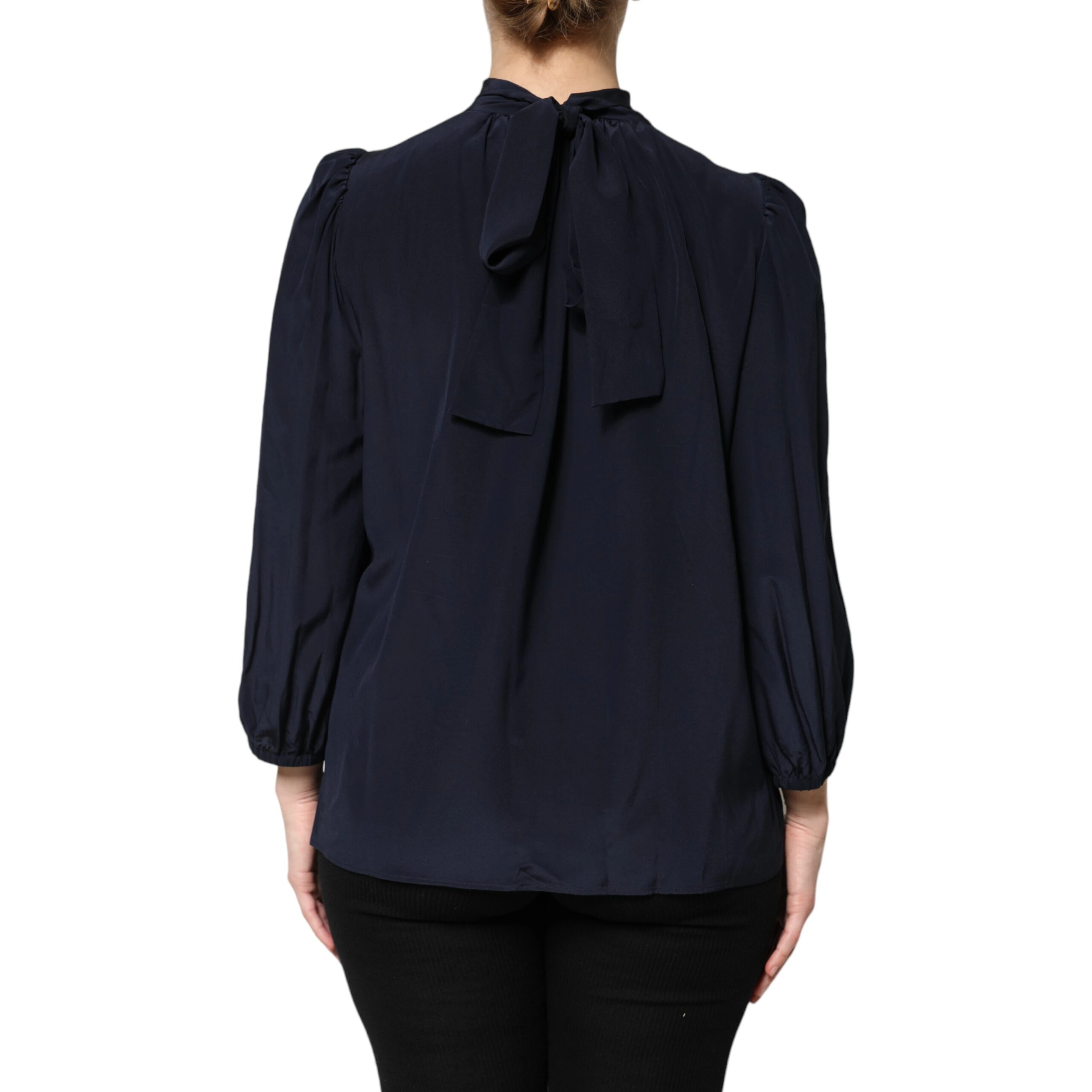 Blue Silk Mock Neck Long Sleeves Blouse Top