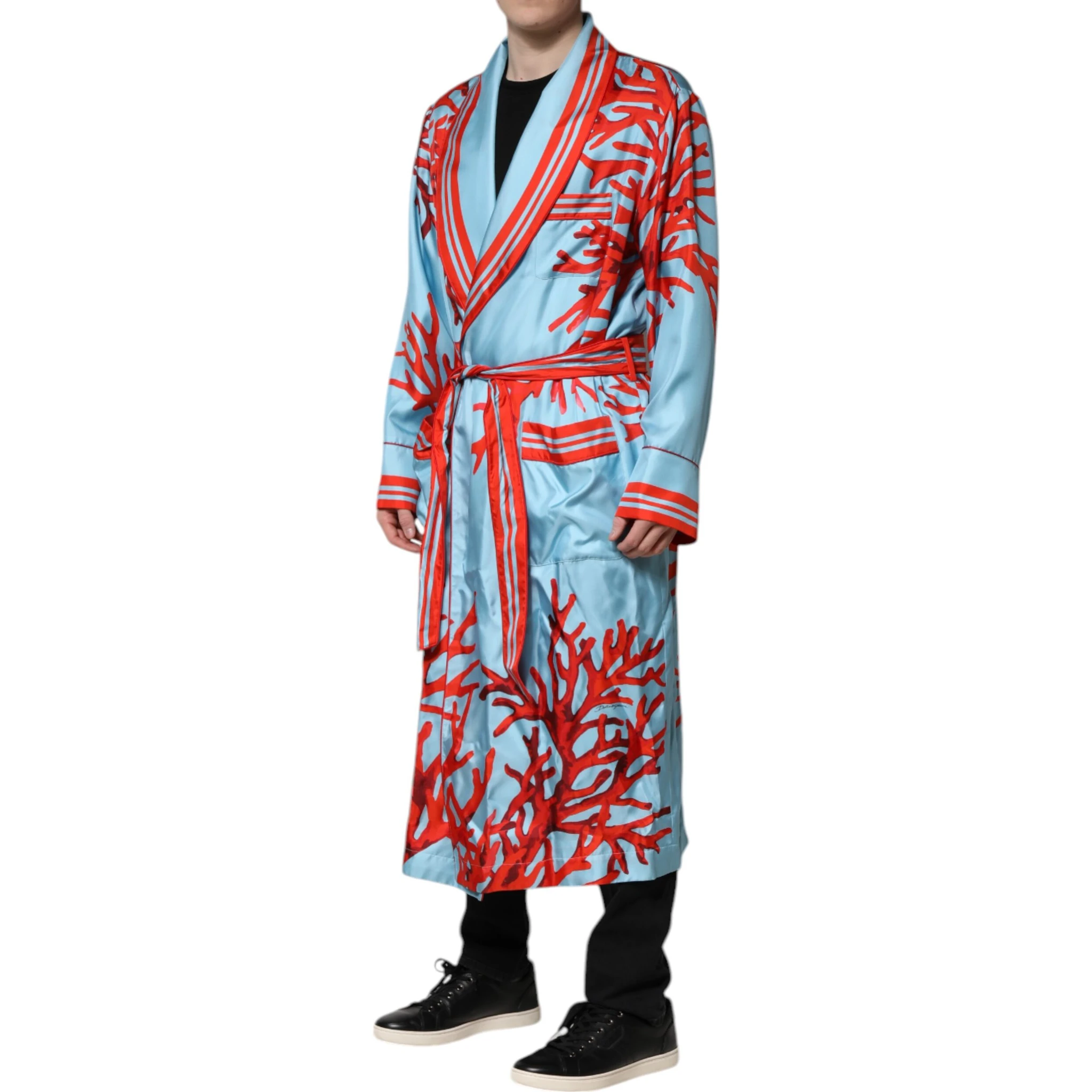 Blue Red Coral Print Wrap Robe Coat Jacket