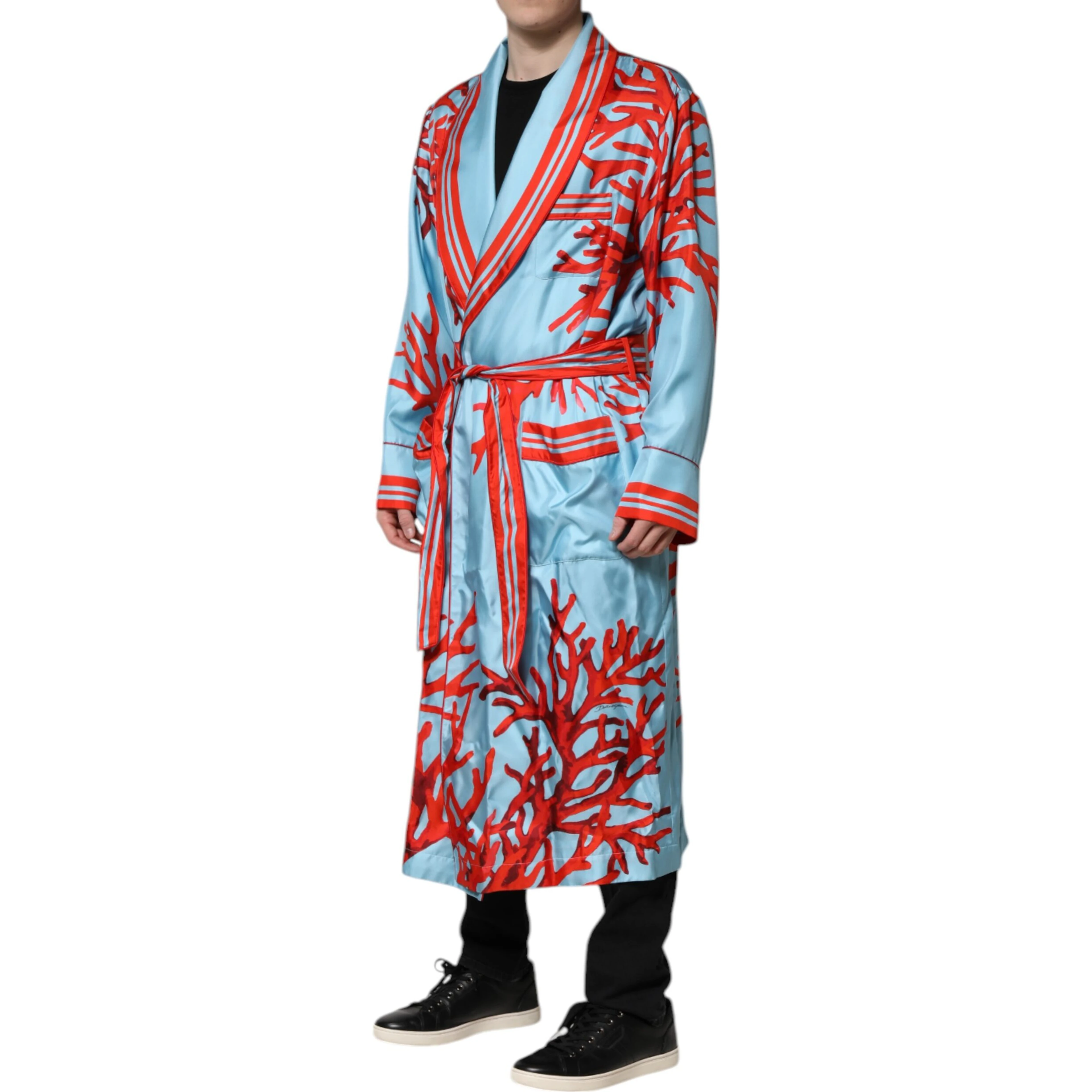 Blue Red Coral Print Wrap Robe Coat Jacket