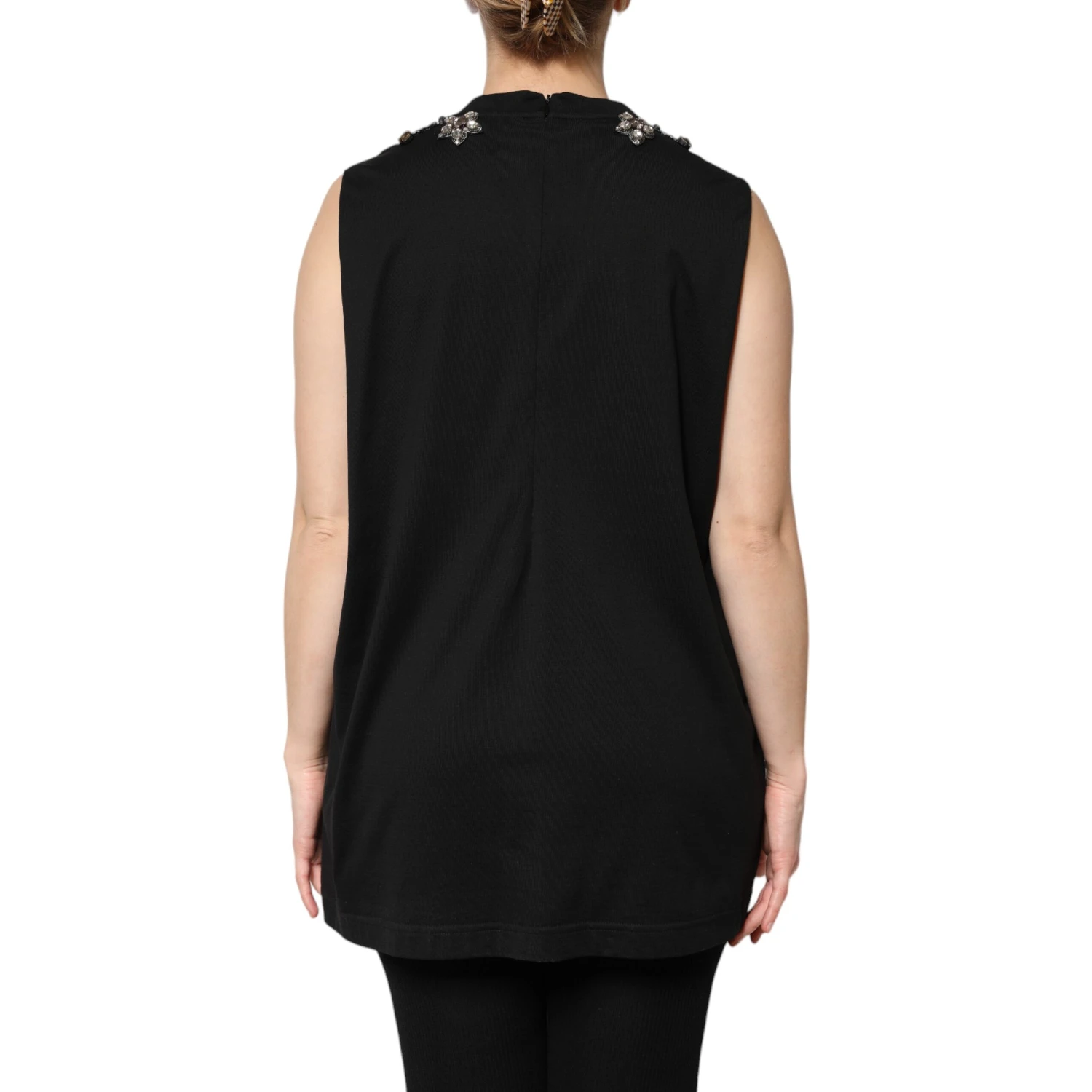 Black Cotton Rhinestone Embellished Tank Top