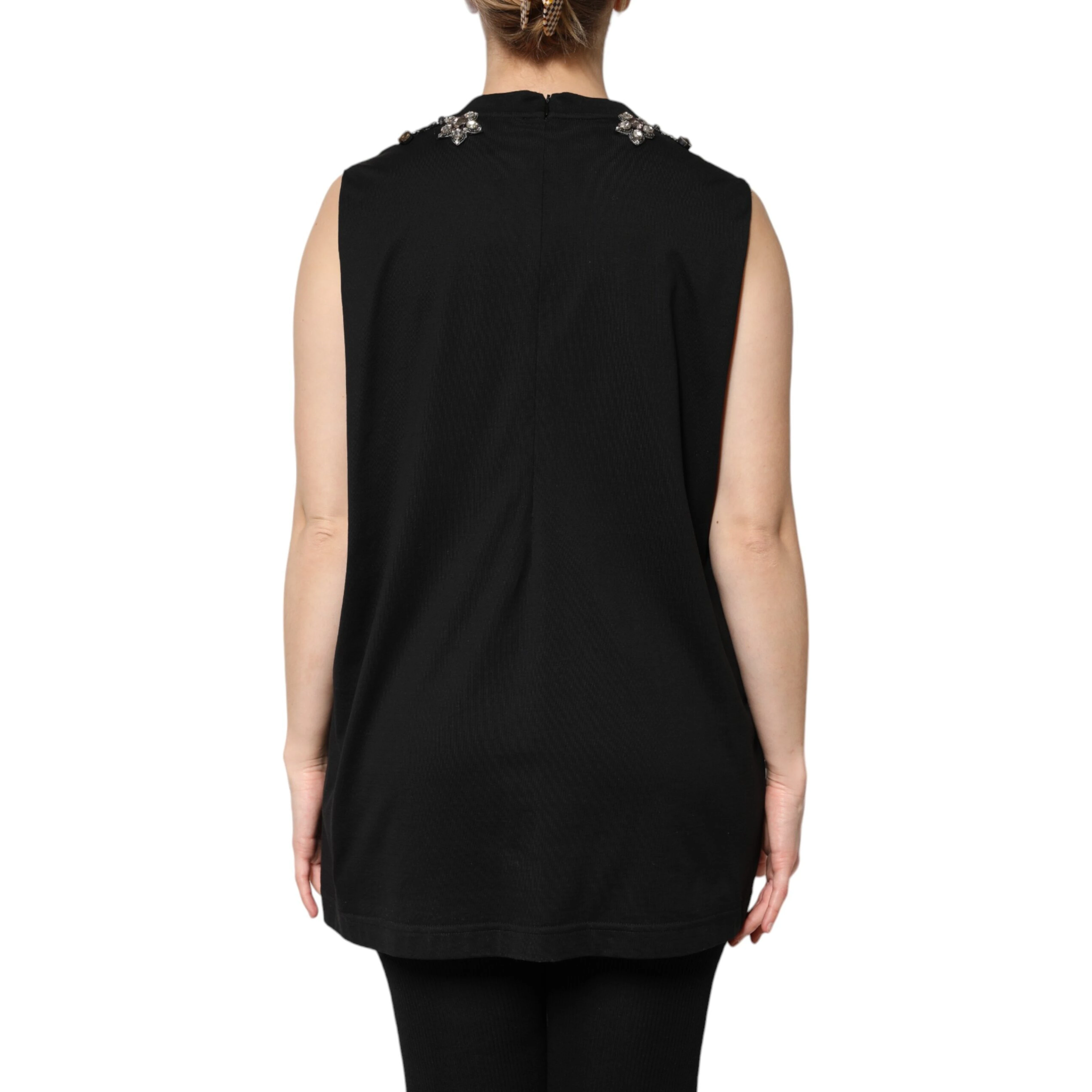 Black Cotton Rhinestone Embellished Tank Top