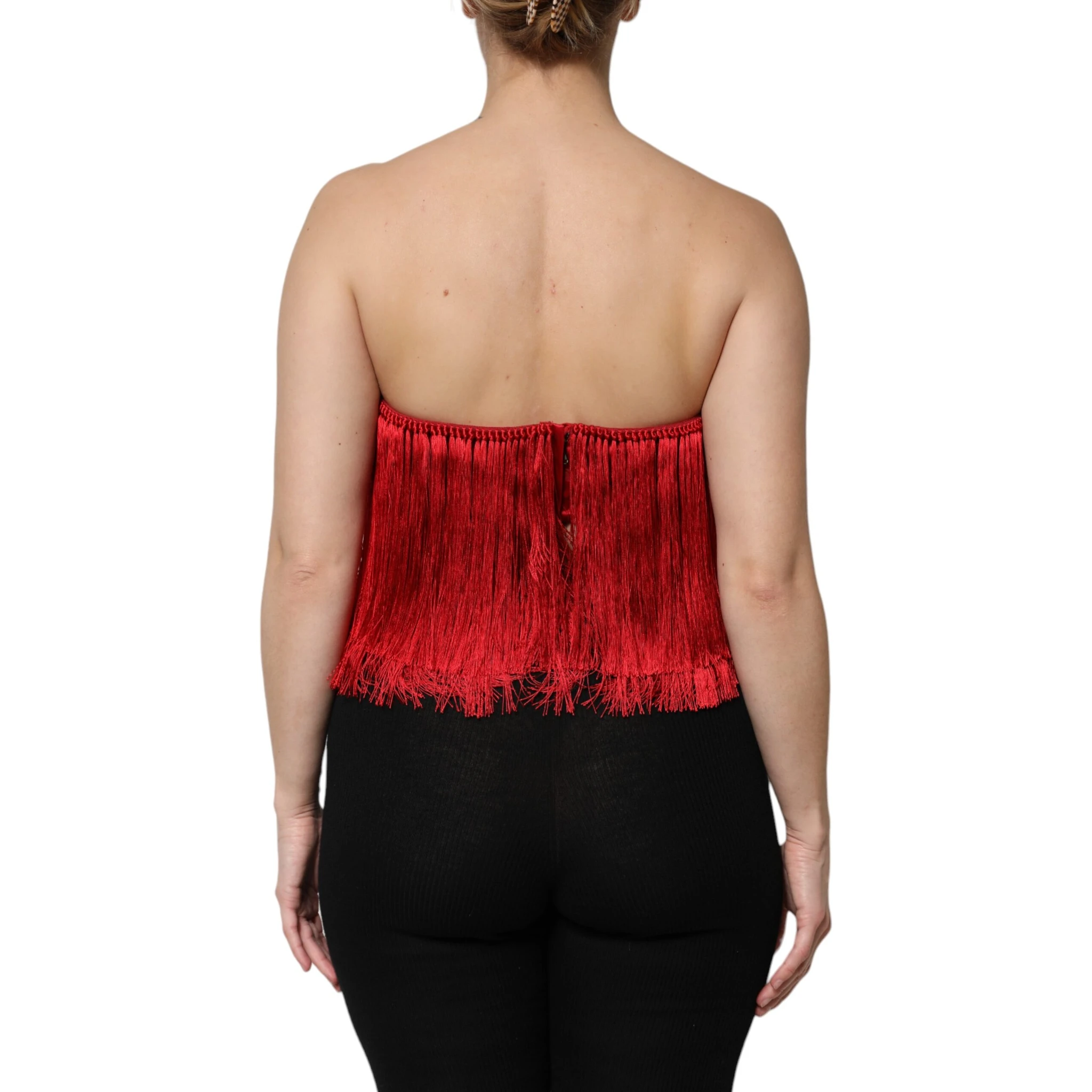 Red Silk Strapless Fringe Crop Tube Top