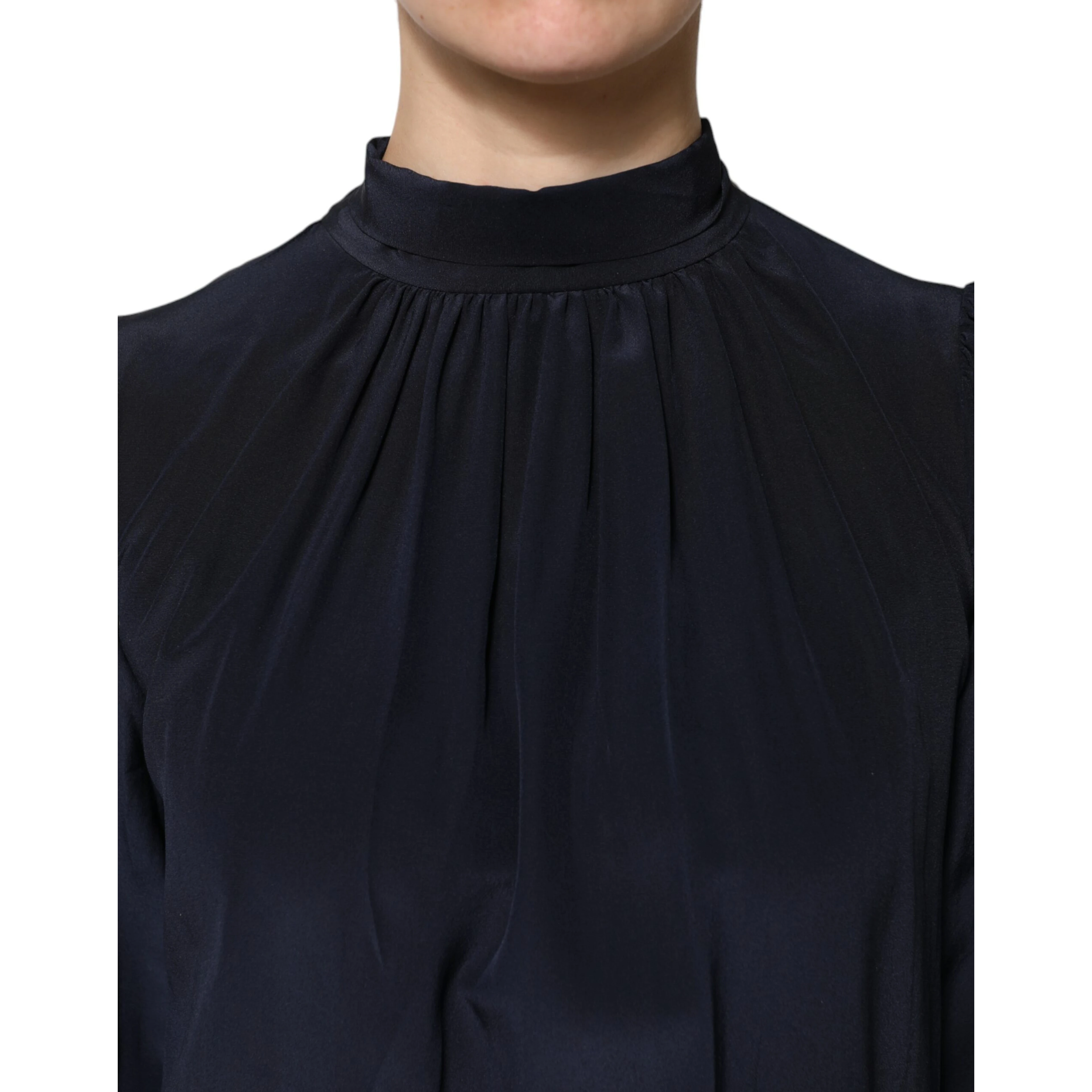 Blue Silk Mock Neck Long Sleeves Blouse Top