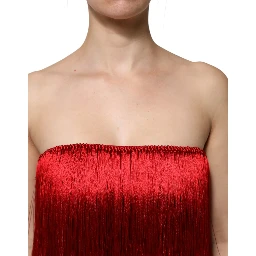 Red Silk Strapless Fringe Crop Tube Top