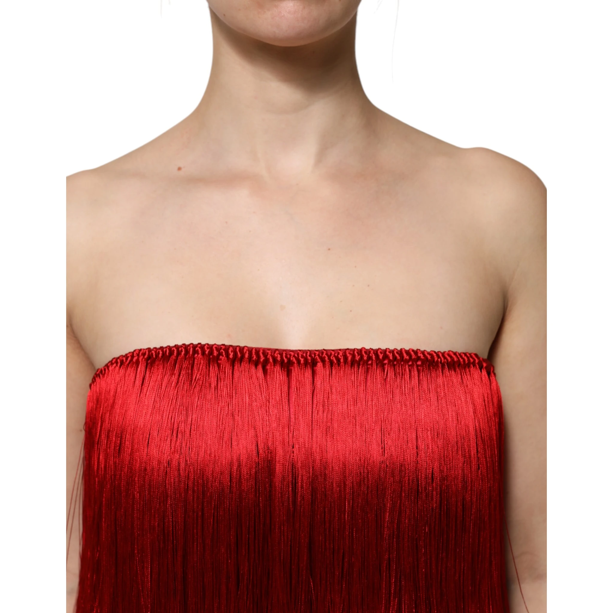 Red Silk Strapless Fringe Crop Tube Top