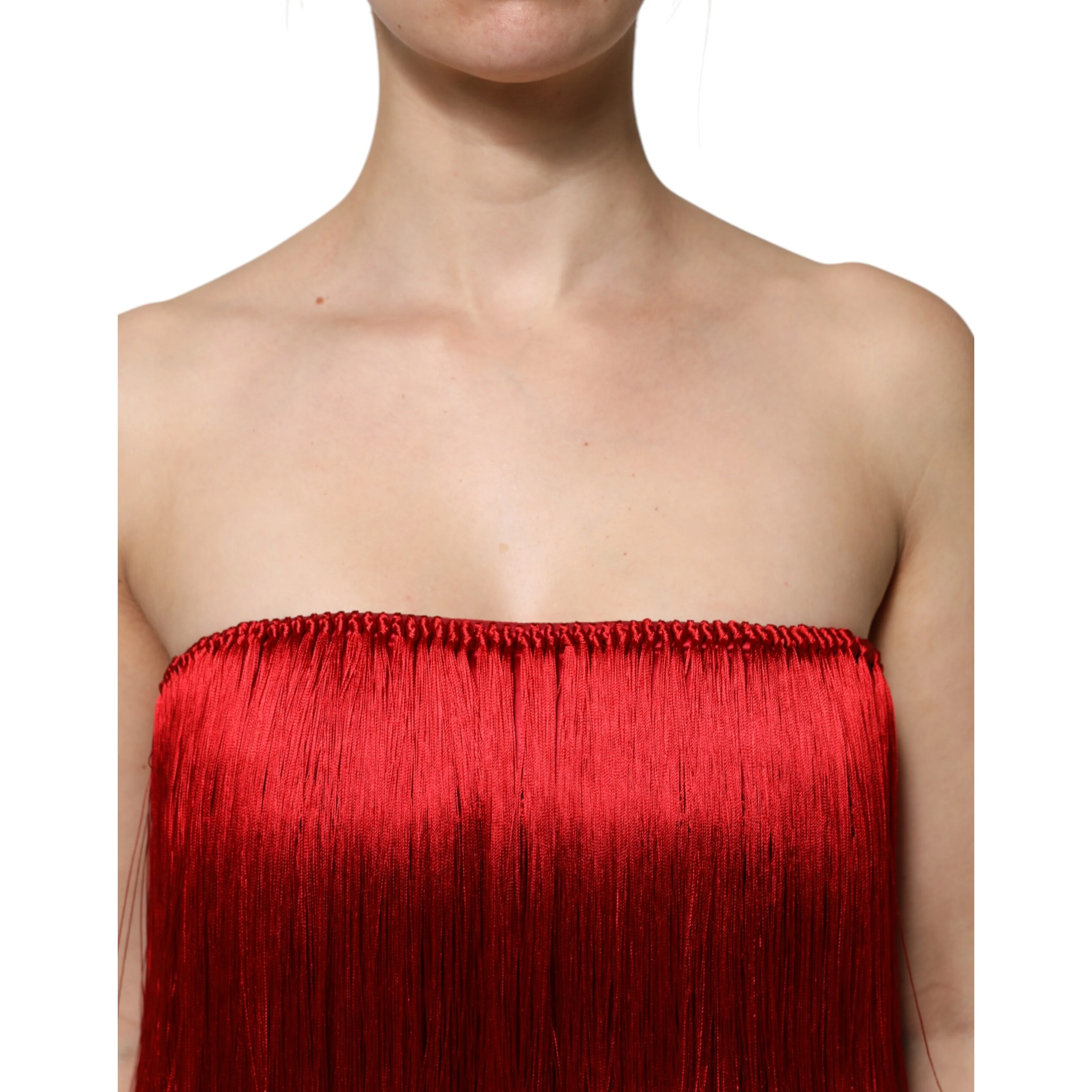 Red Silk Strapless Fringe Crop Tube Top