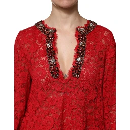 Red Floral Lace Rhinestone Embellished Dress