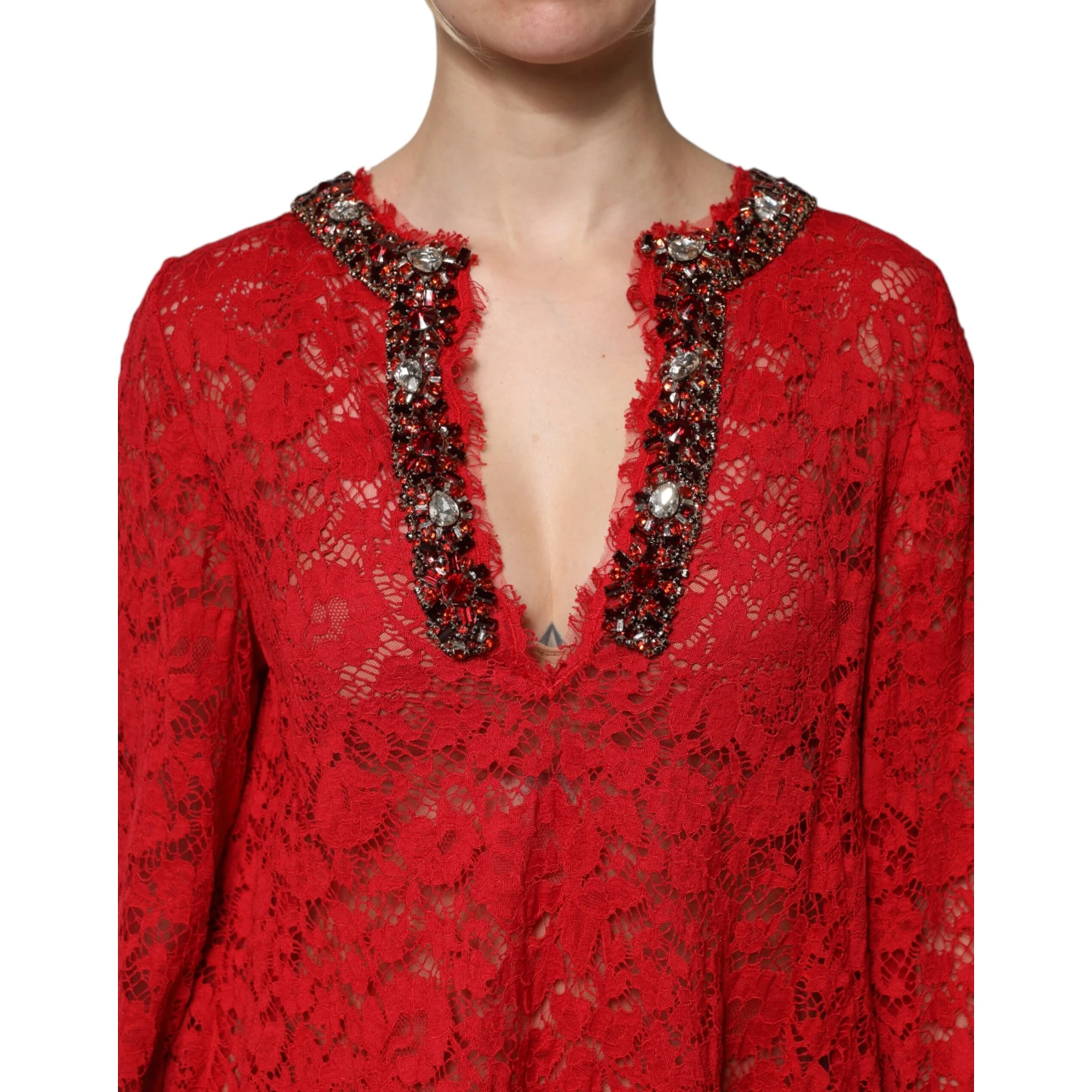 Red Floral Lace Rhinestone Embellished Dress