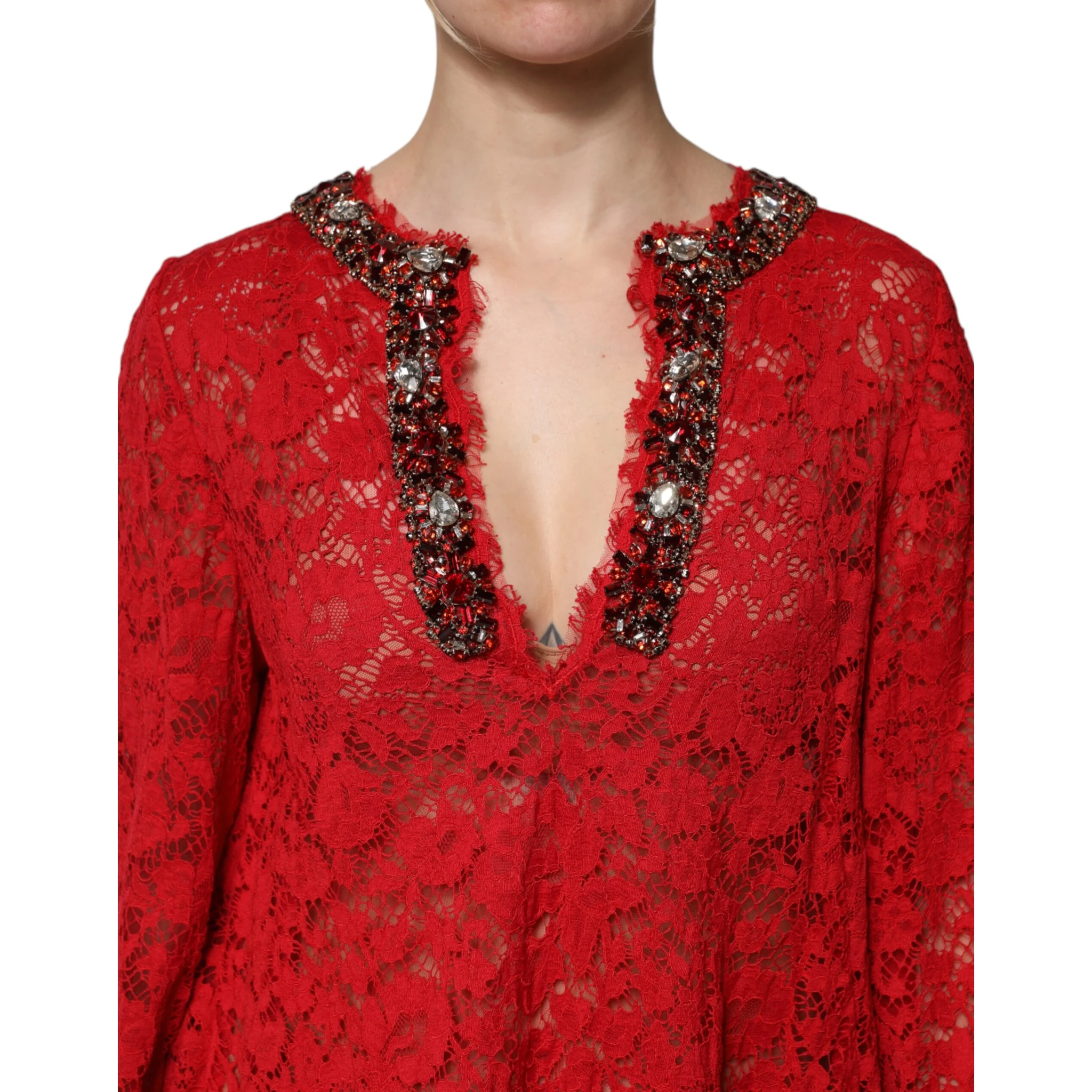 Red Floral Lace Rhinestone Embellished Dress