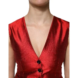 Red Black Button Down Sleeveless Vest Top