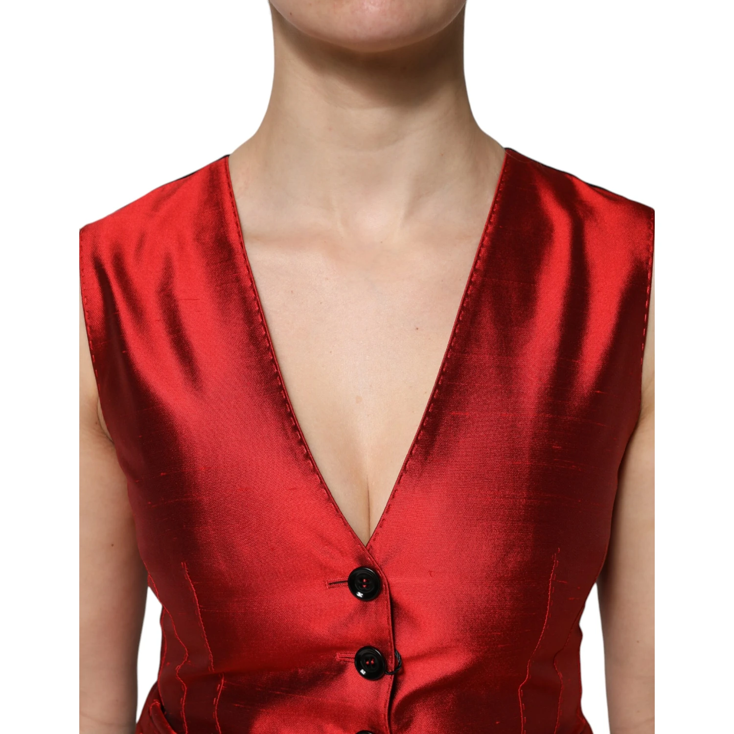 Red Black Button Down Sleeveless Vest Top
