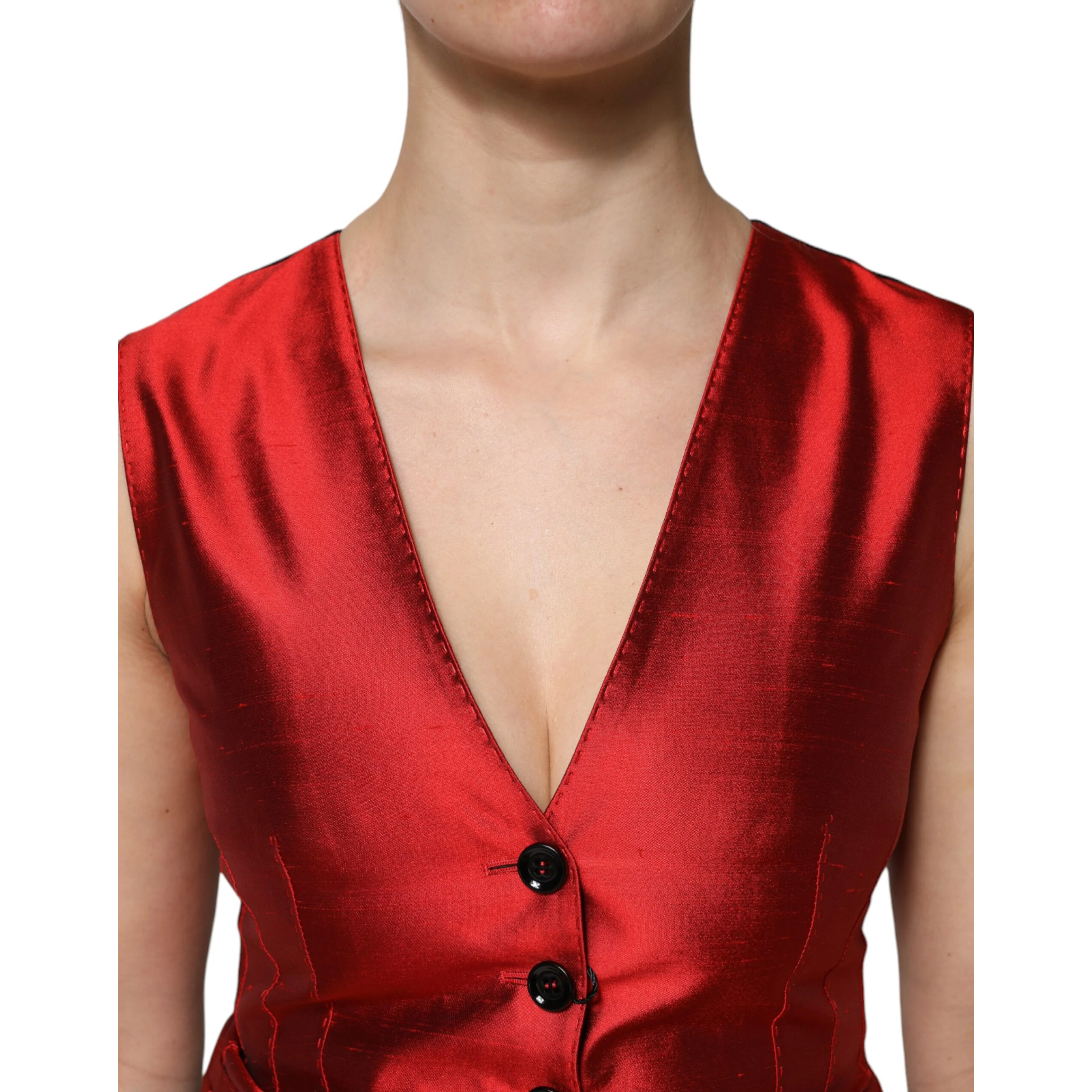 Red Black Button Down Sleeveless Vest Top