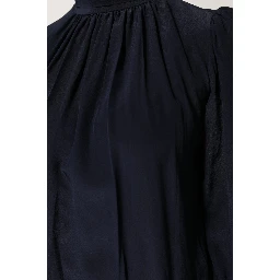 Blue Silk Mock Neck Long Sleeves Blouse Top