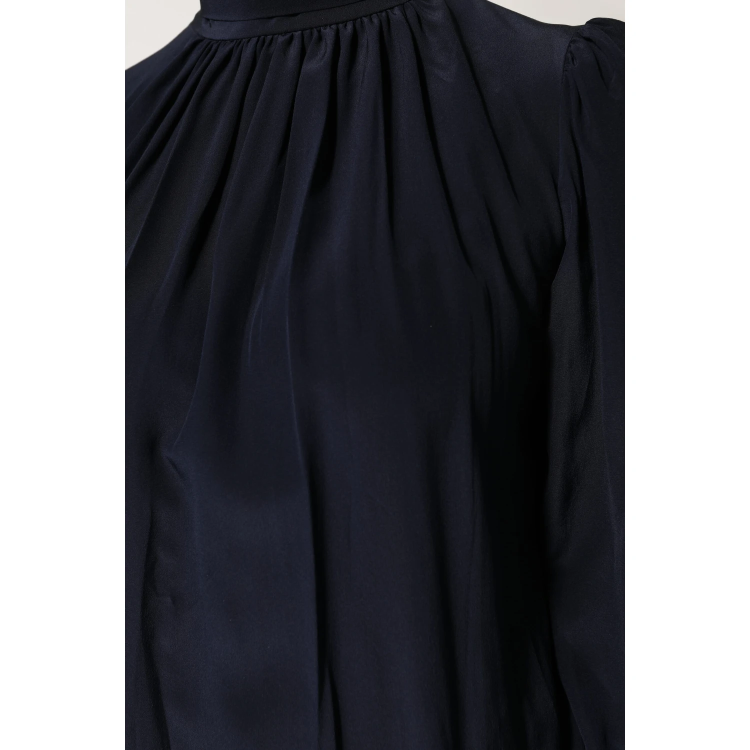 Blue Silk Mock Neck Long Sleeves Blouse Top