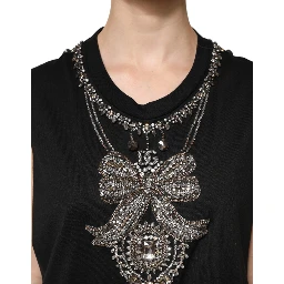 Black Cotton Rhinestone Embellished Tank Top