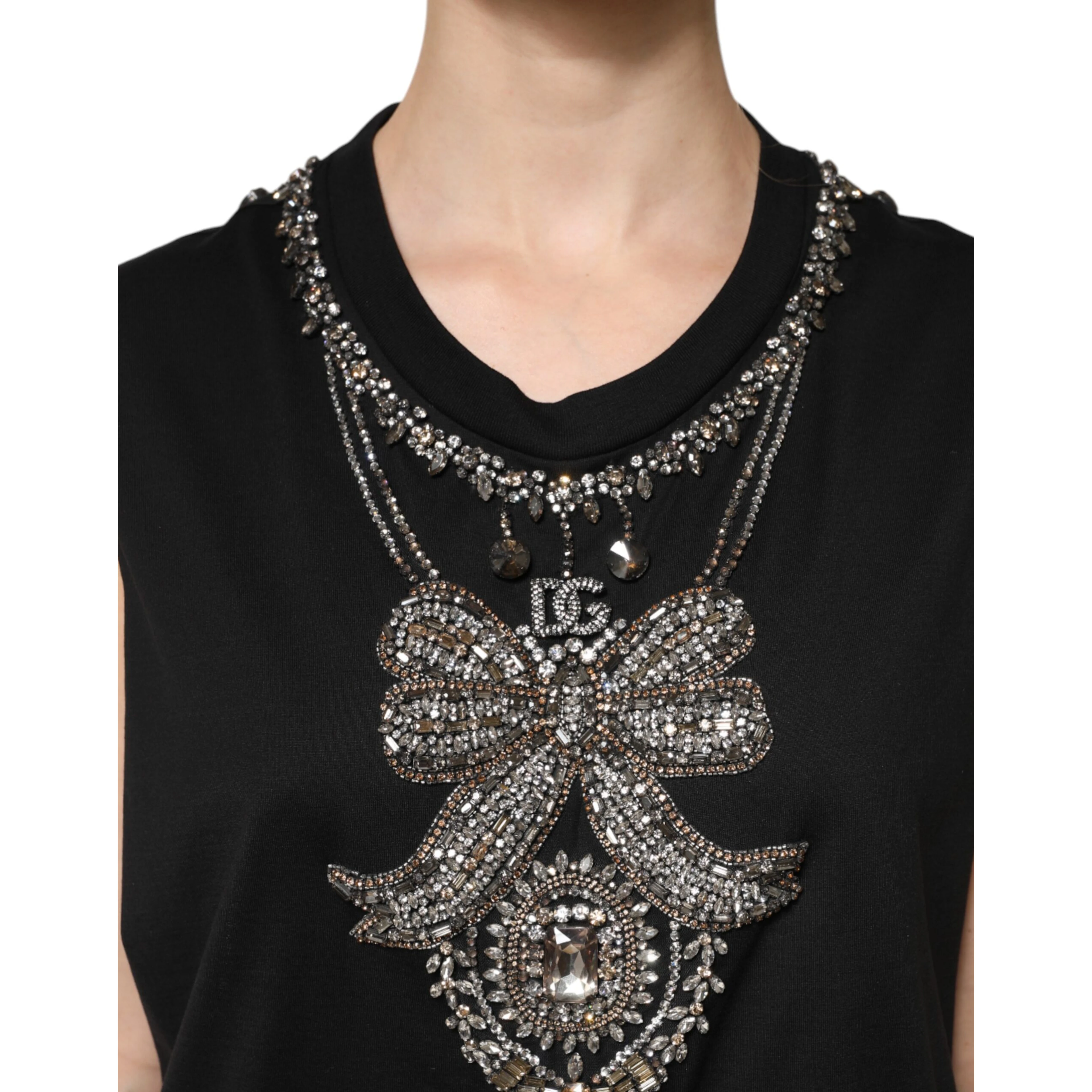Black Cotton Rhinestone Embellished Tank Top