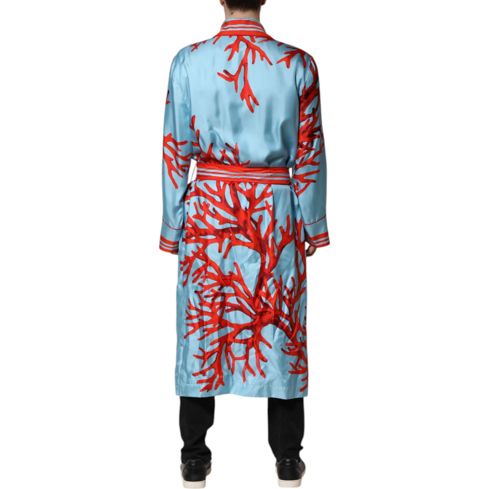 Blue Red Coral Print Wrap Robe Coat Jacket