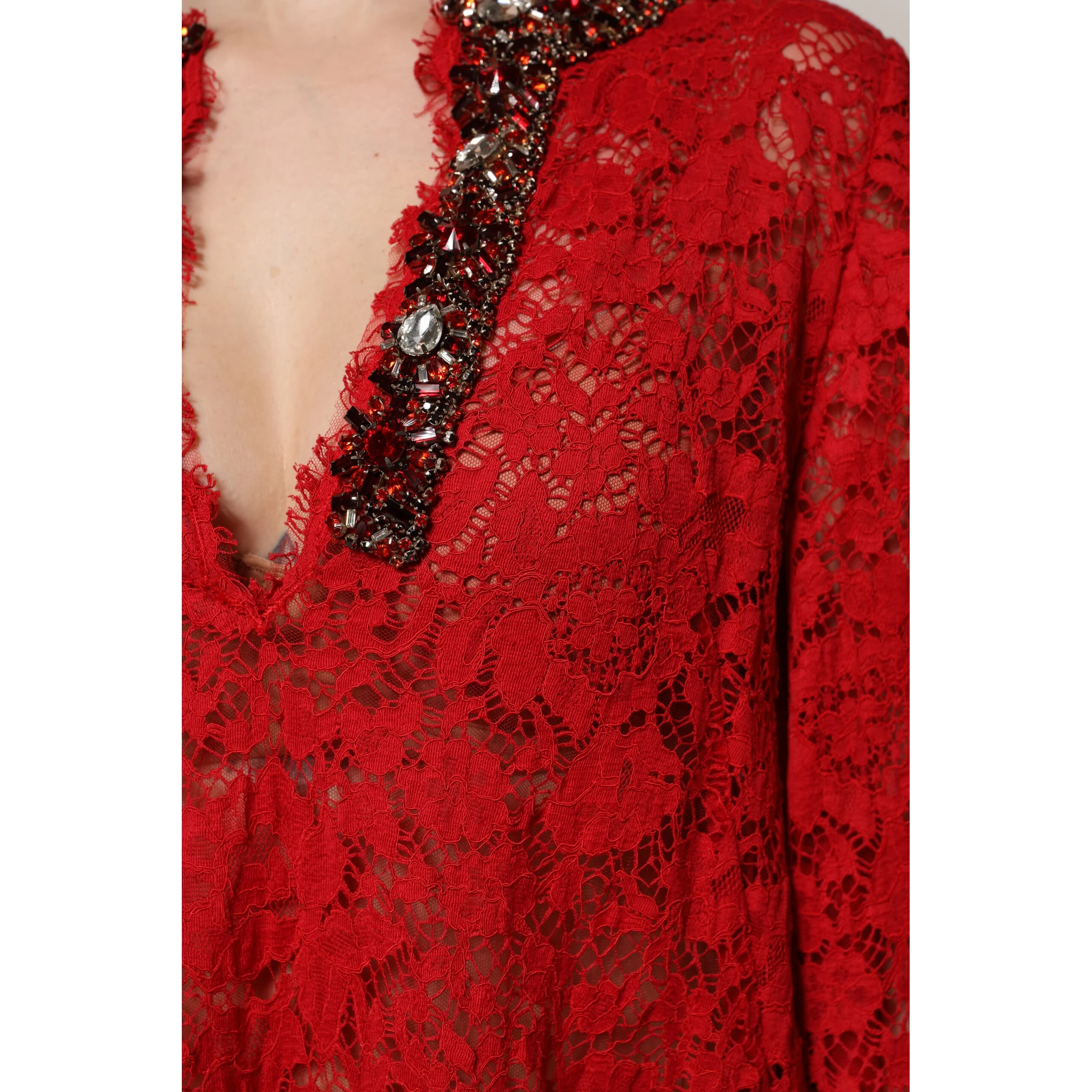 Red Floral Lace Rhinestone Embellished Dress