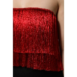 Red Silk Strapless Fringe Crop Tube Top