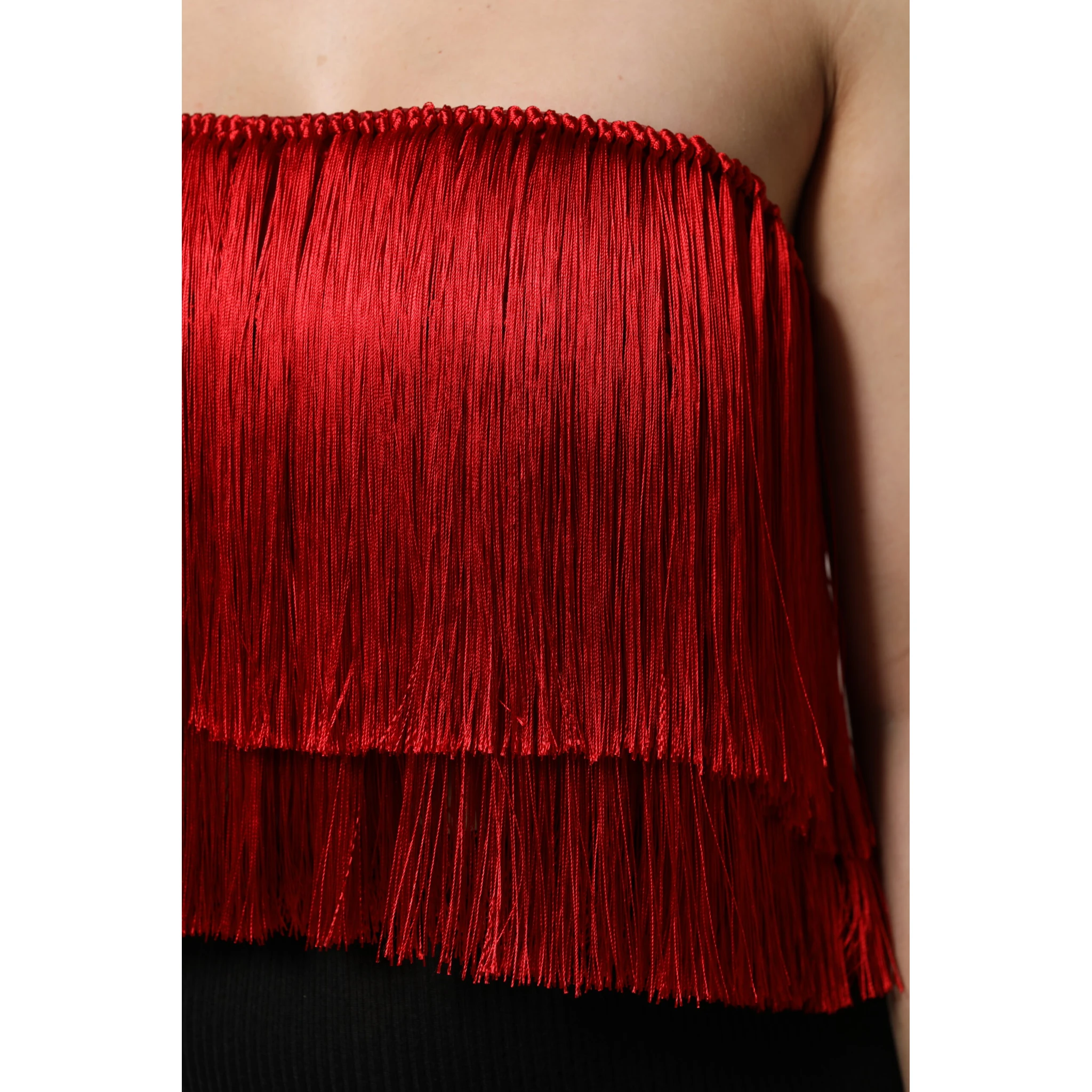 Red Silk Strapless Fringe Crop Tube Top
