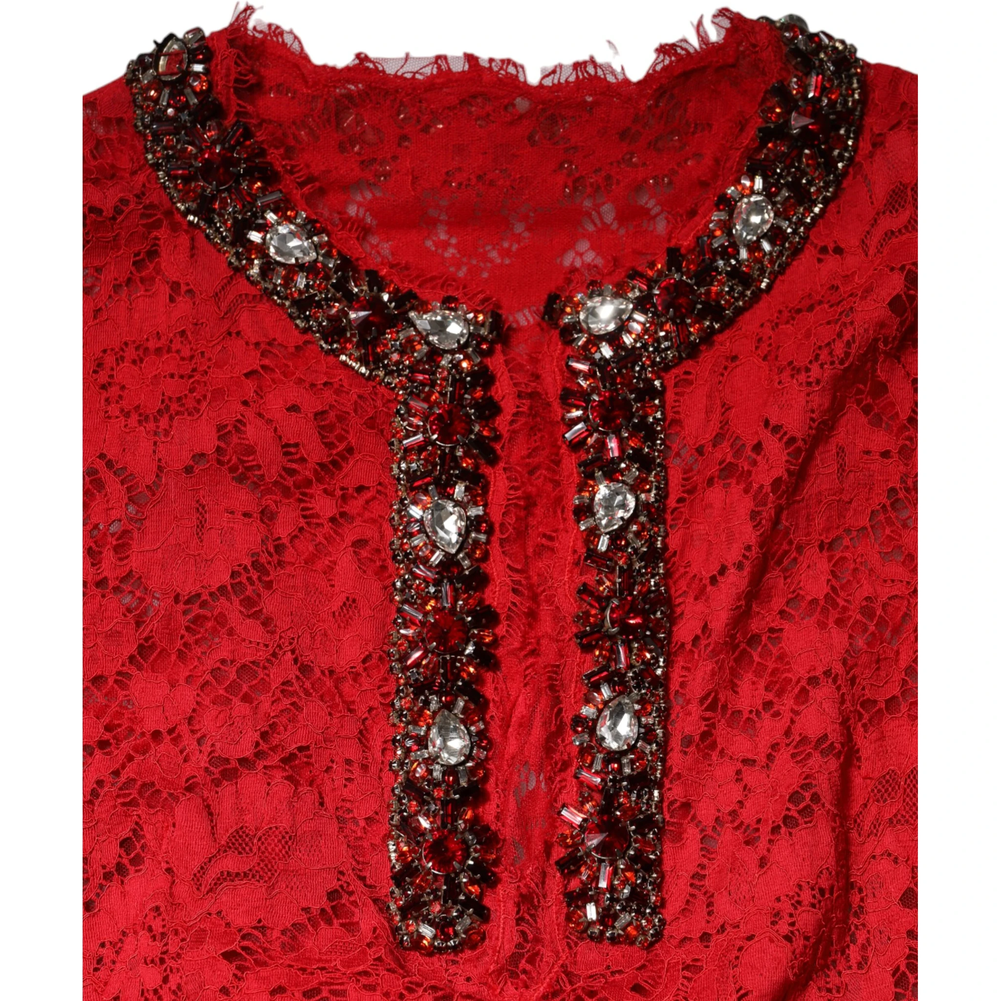 Red Floral Lace Rhinestone Embellished Dress