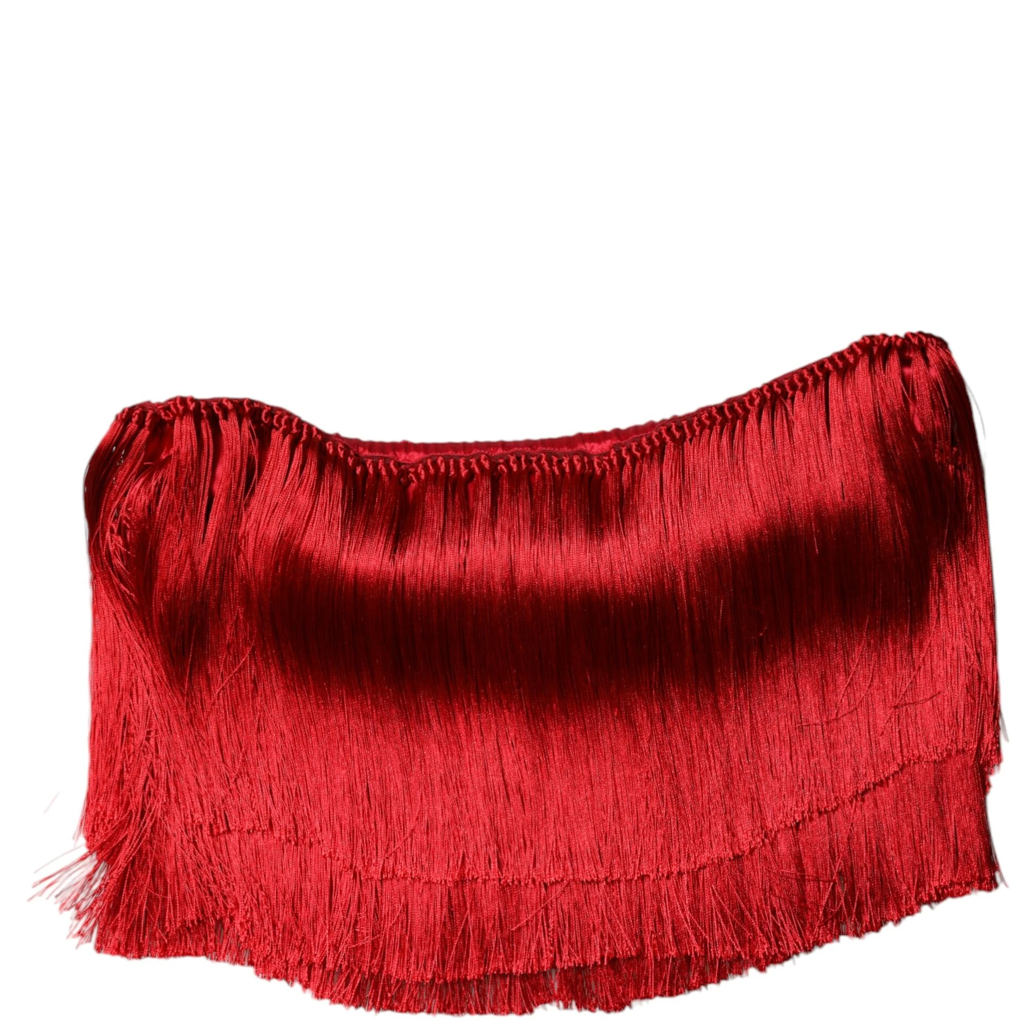 Red Silk Strapless Fringe Crop Tube Top