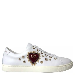 White Leather Gold Red Heart Sneakers Shoes