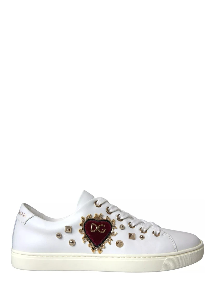 White Leather Gold Red Heart Sneakers Shoes