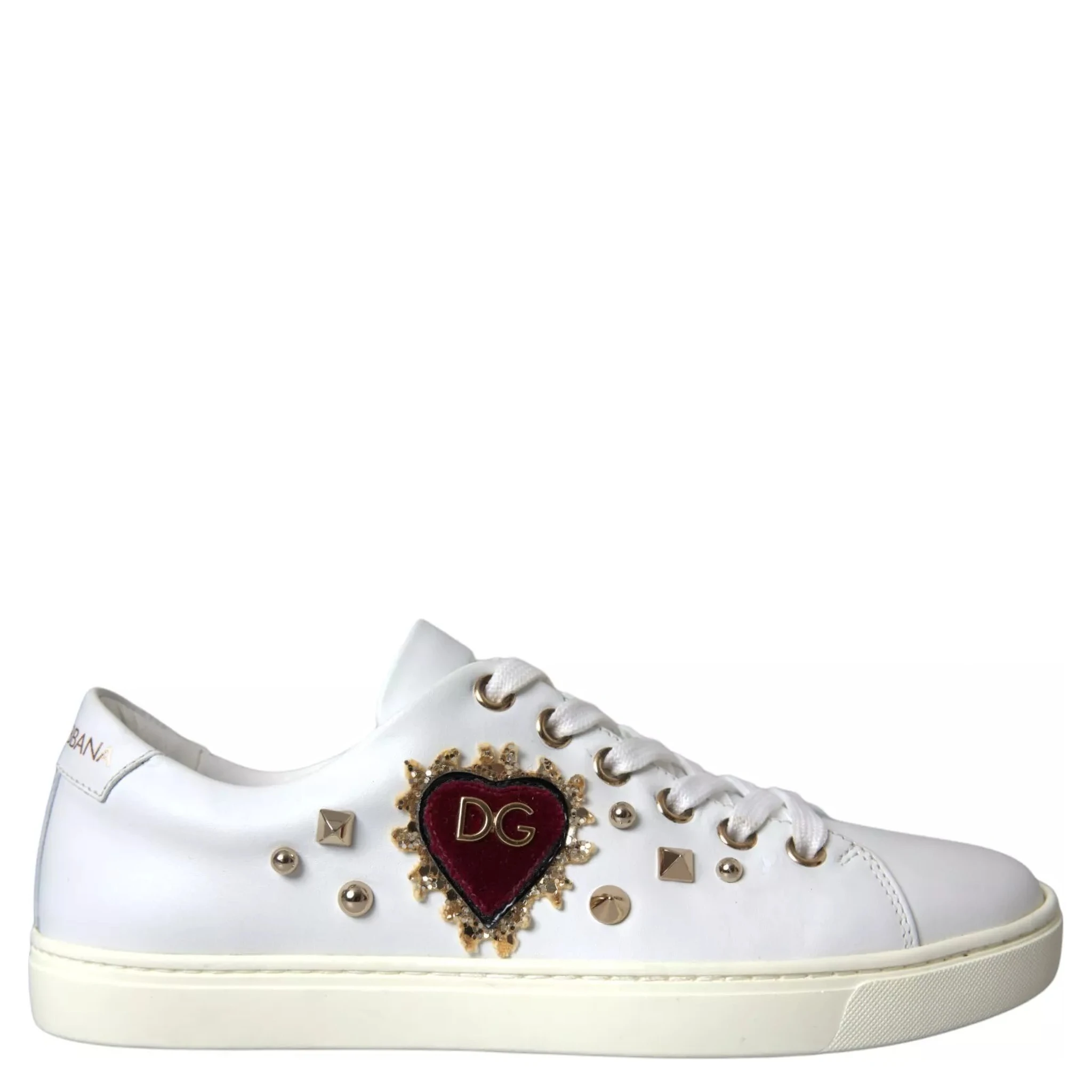 White Leather Gold Red Heart Sneakers Shoes