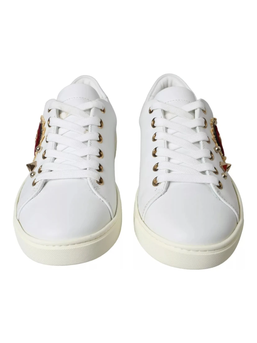 White Leather Gold Red Heart Sneakers Shoes