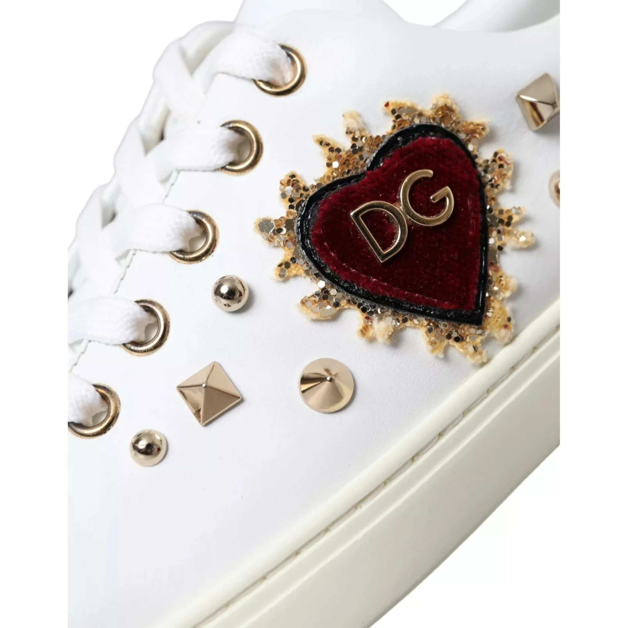 White Leather Gold Red Heart Sneakers Shoes