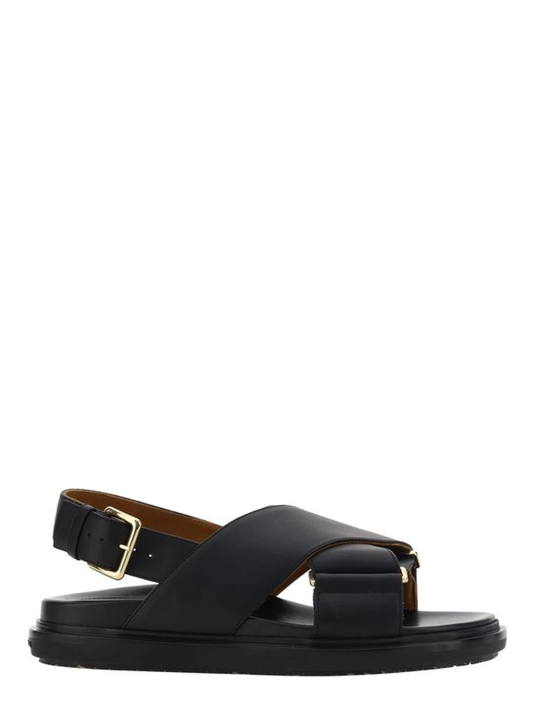 Black Calf Leather Bos Taurus Flat Sandals