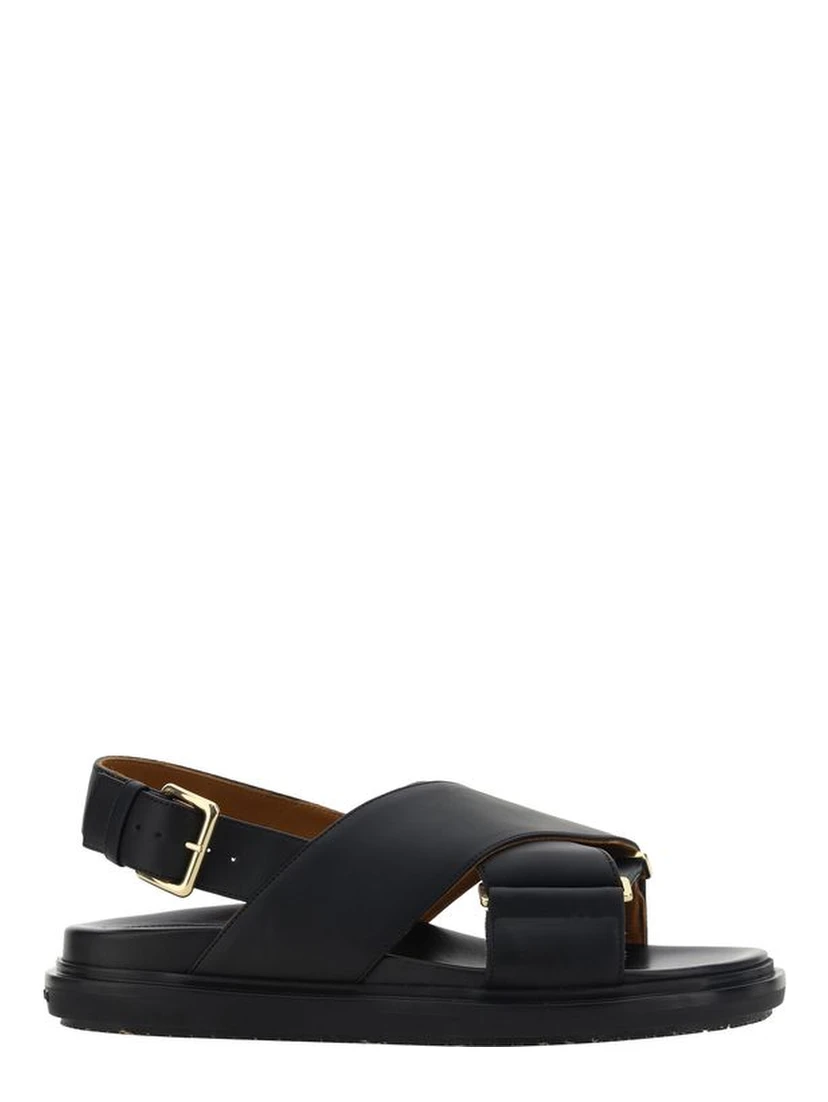Black Calf Leather Bos Taurus Flat Sandals