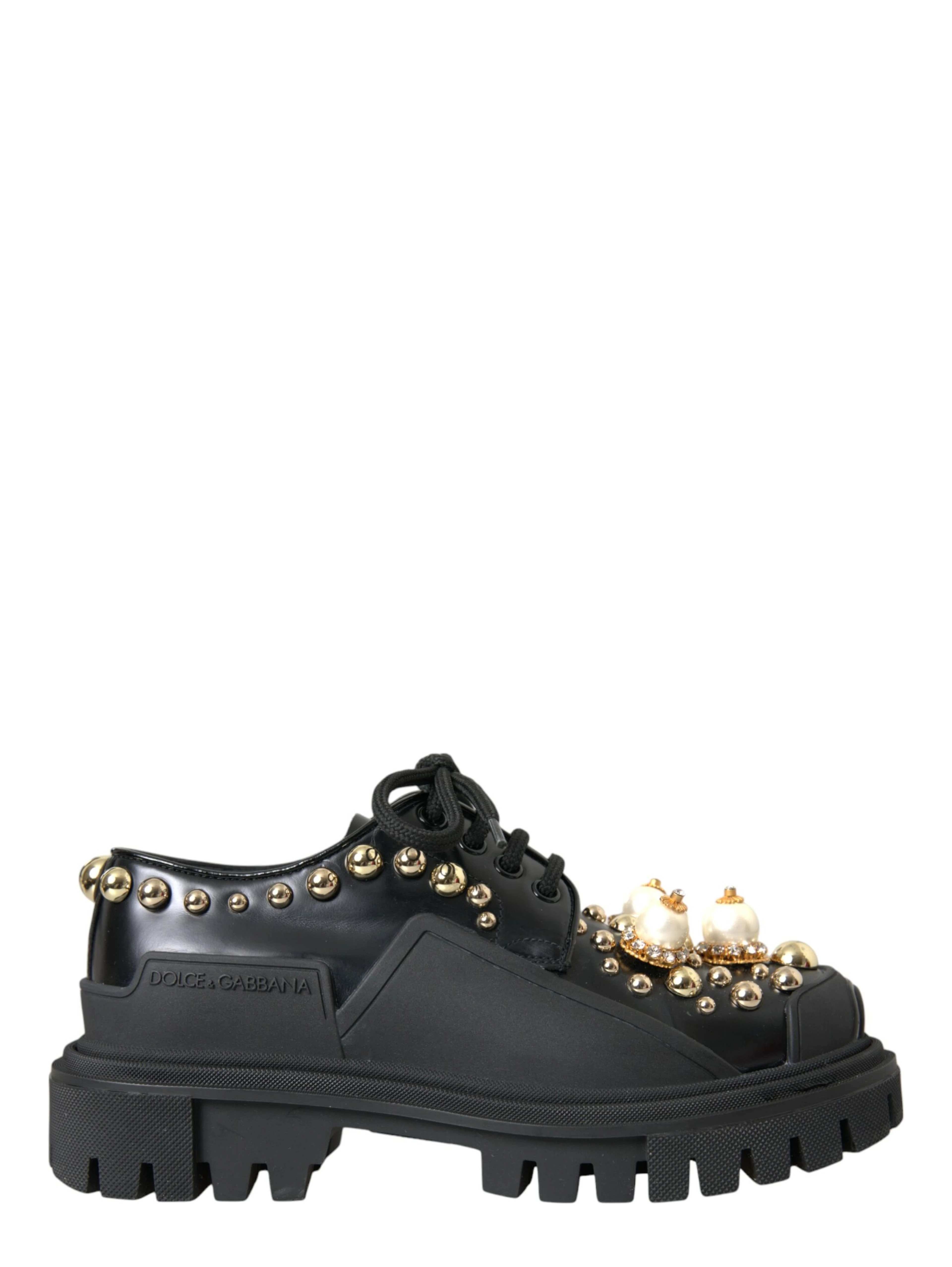 Black Leather Trekking Derby Embellished Shoes