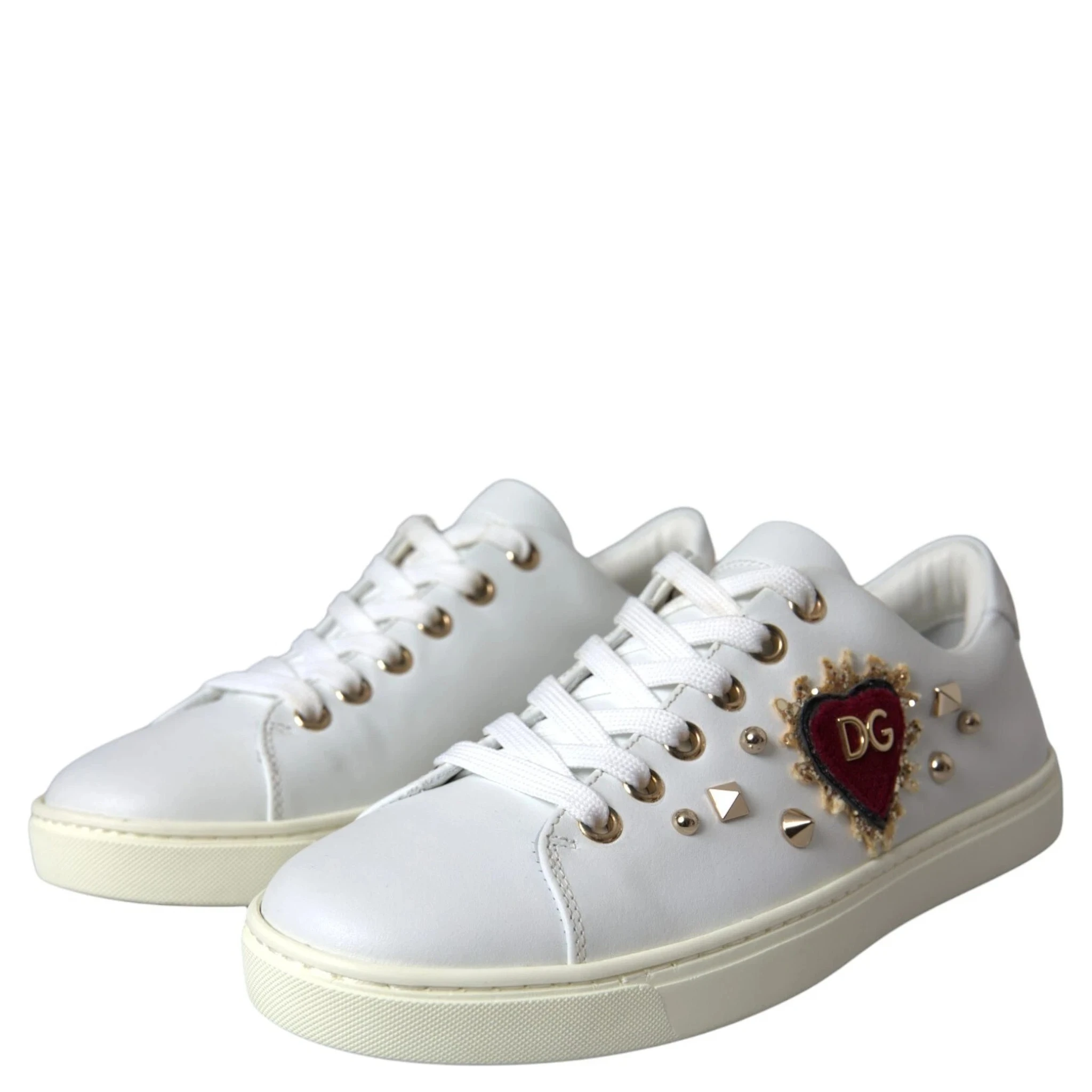 White Leather Gold Red Heart Sneakers Shoes