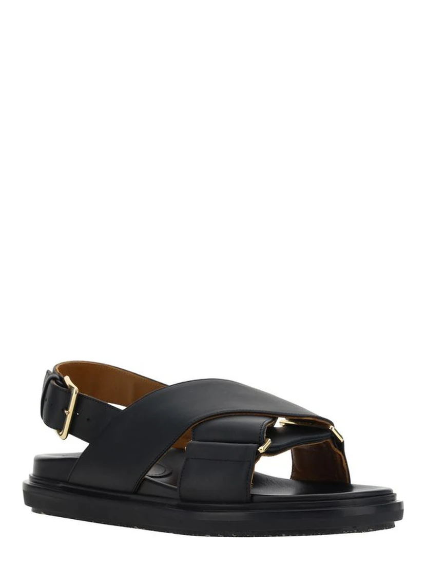 Black Calf Leather Bos Taurus Flat Sandals