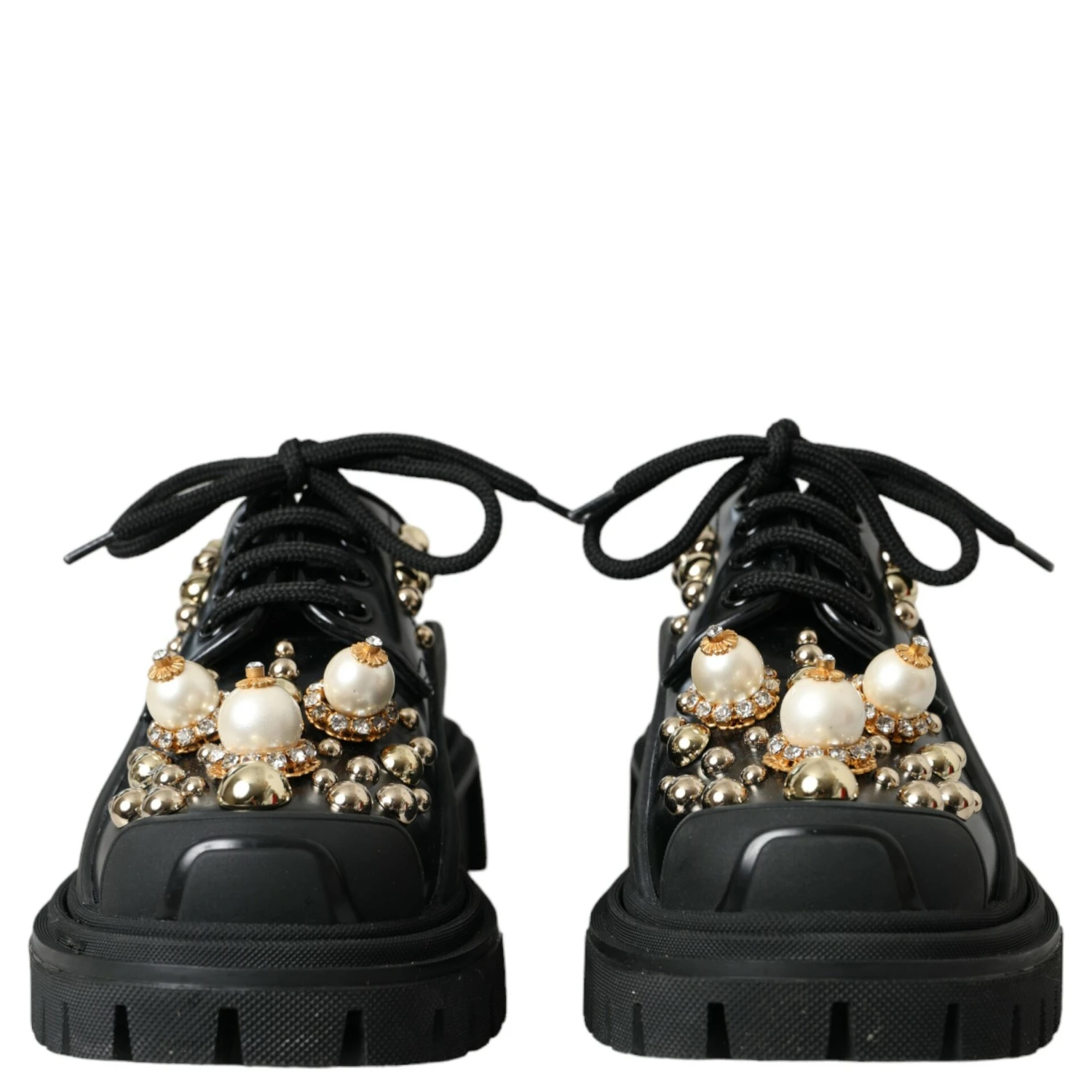 Black Leather Trekking Derby Embellished Shoes