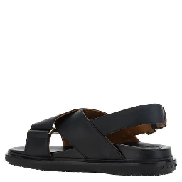 Black Calf Leather Bos Taurus Flat Sandals