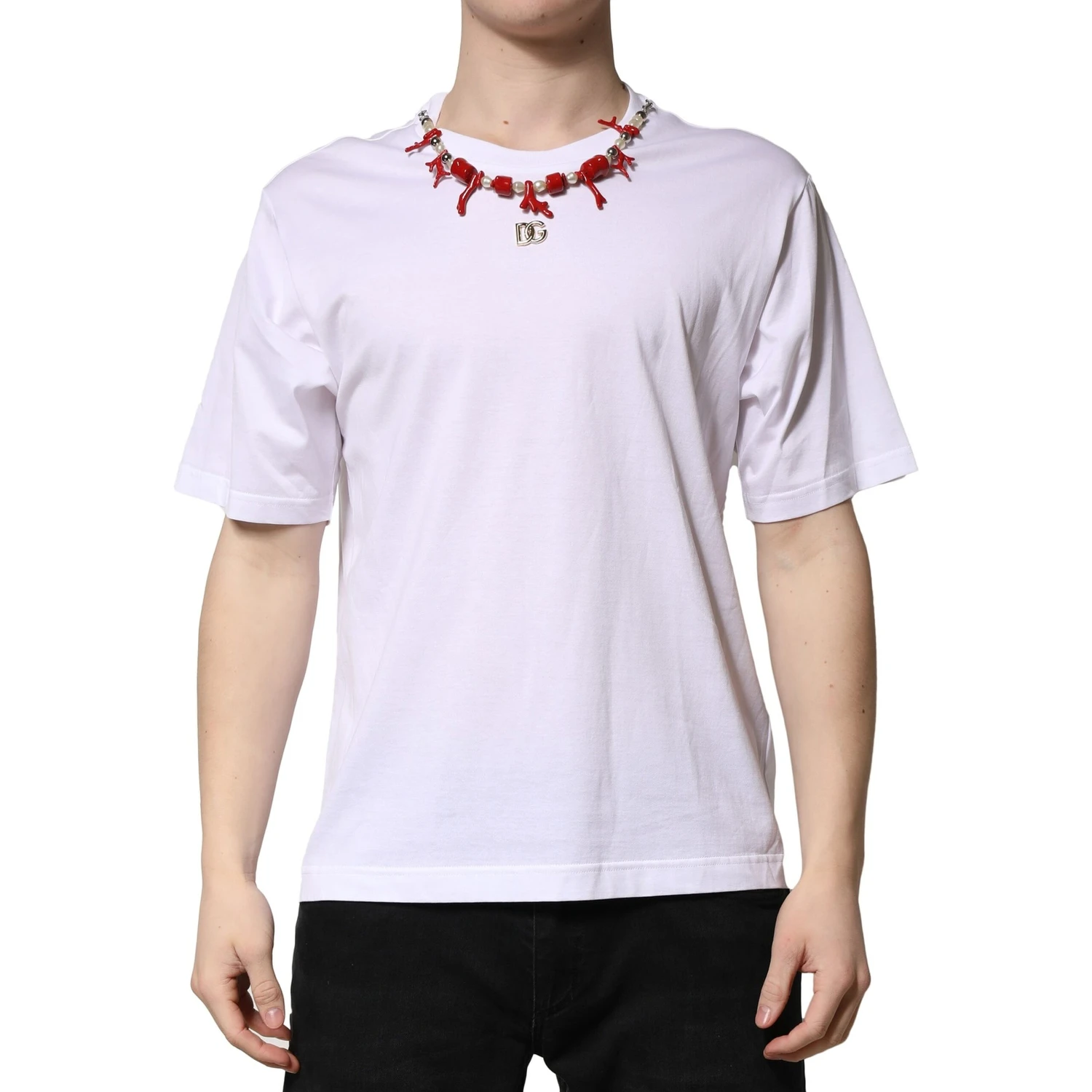 White Embellished Cotton Crew Neck T-shirt