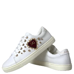 White Leather Gold Red Heart Sneakers Shoes