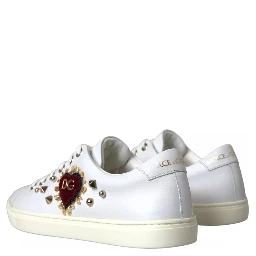 White Leather Gold Red Heart Sneakers Shoes