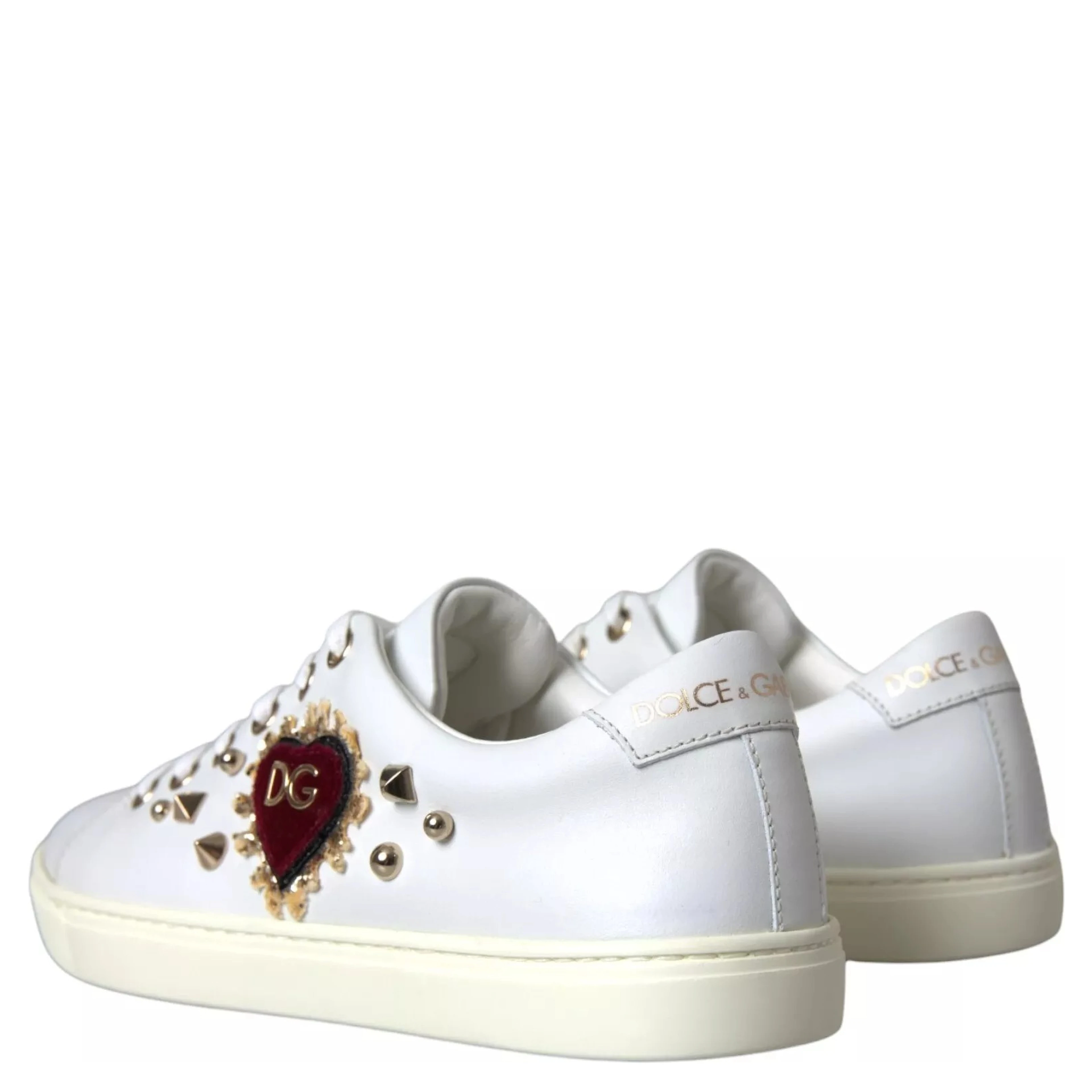 White Leather Gold Red Heart Sneakers Shoes