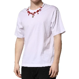 White Embellished Cotton Crew Neck T-shirt