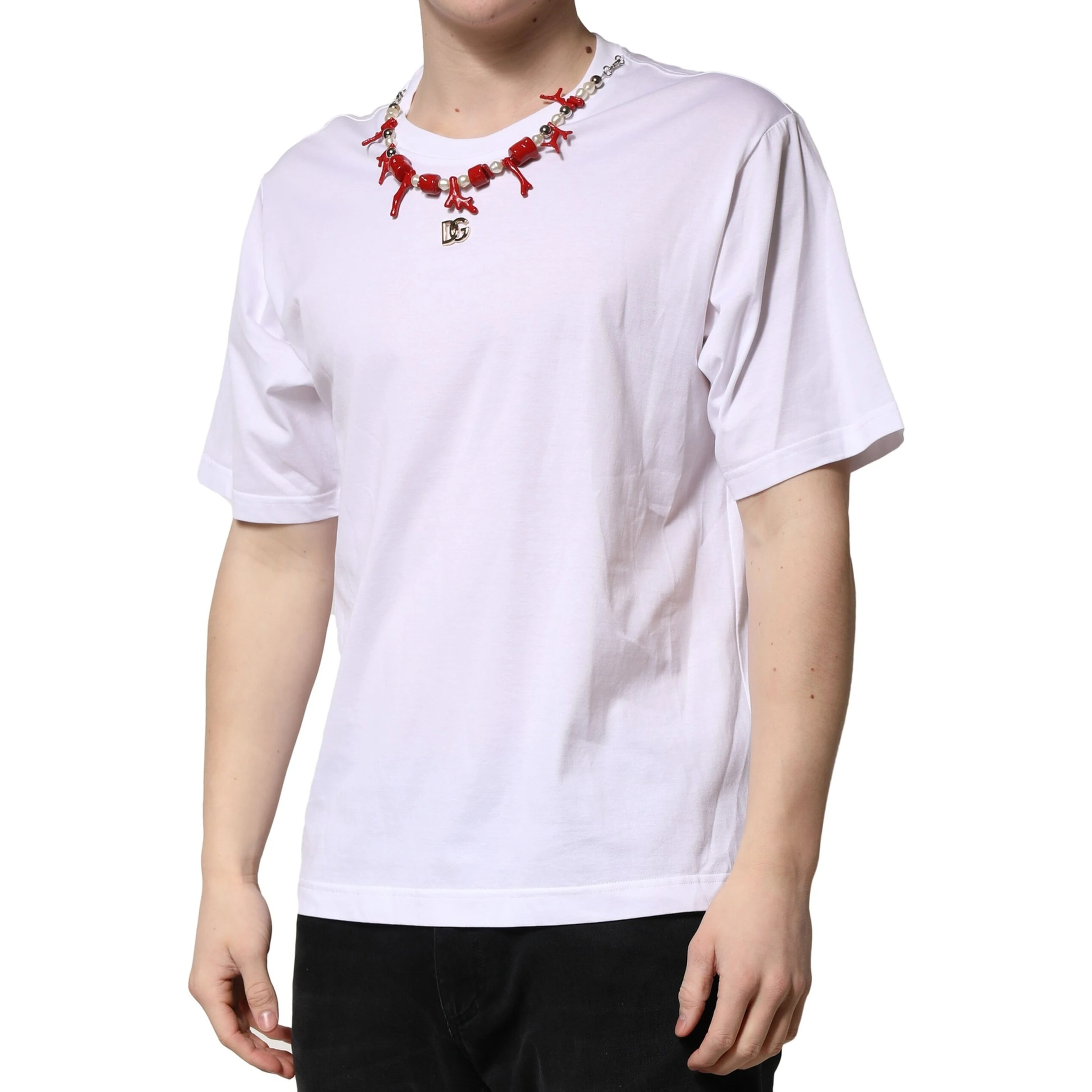 White Embellished Cotton Crew Neck T-shirt