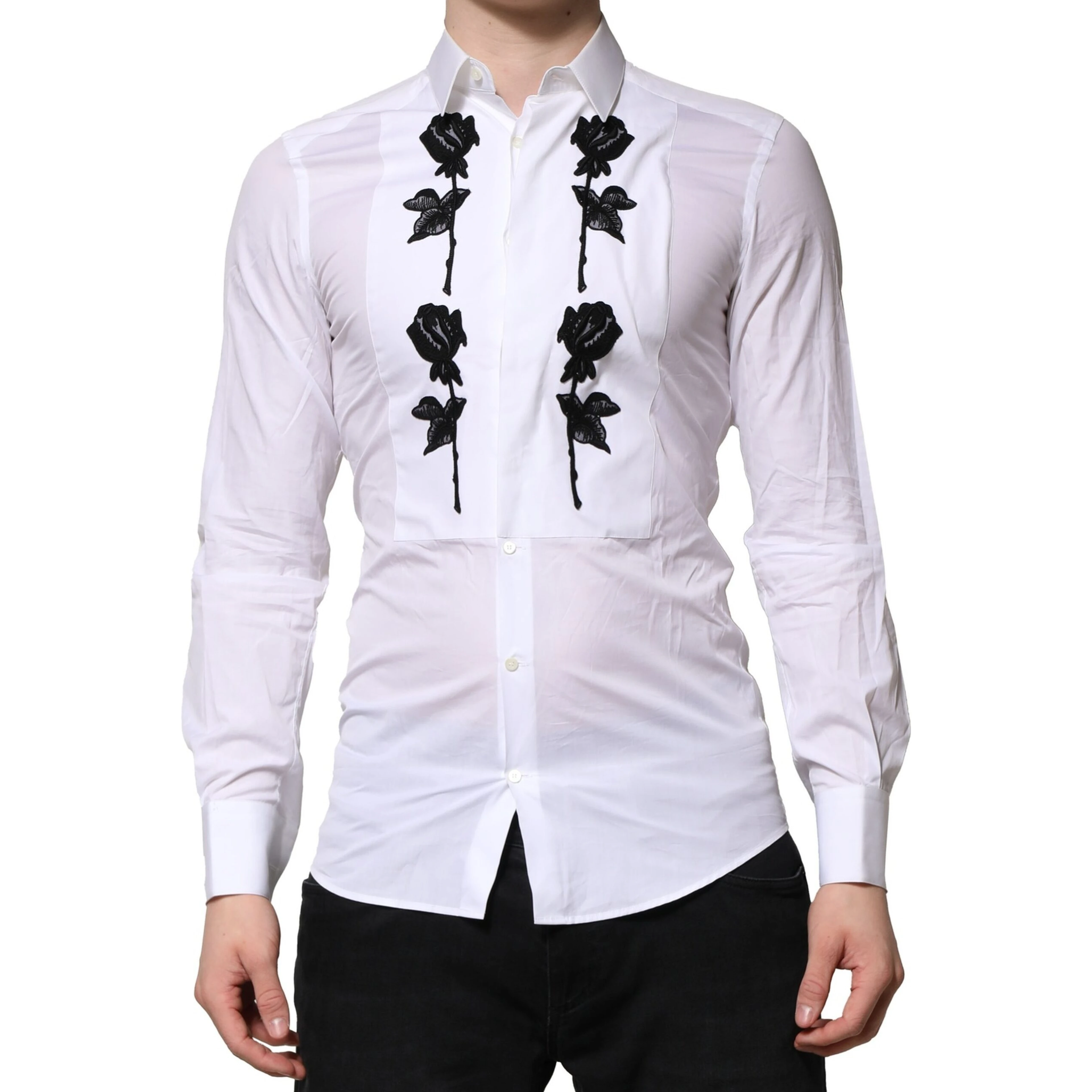 White Floral Embroidery Men GOLD Formal Shirt