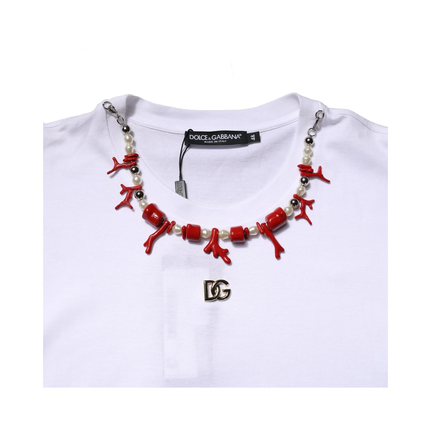 White Embellished Cotton Crew Neck T-shirt