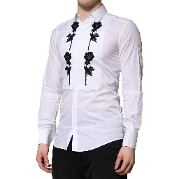White Floral Embroidery Men GOLD Formal Shirt